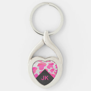 Monogram Cow Hot Pink and White Print Key Ring