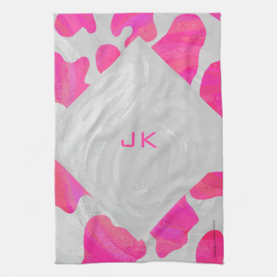 Monogram Cow Hot Pink and White Print Tea Towel