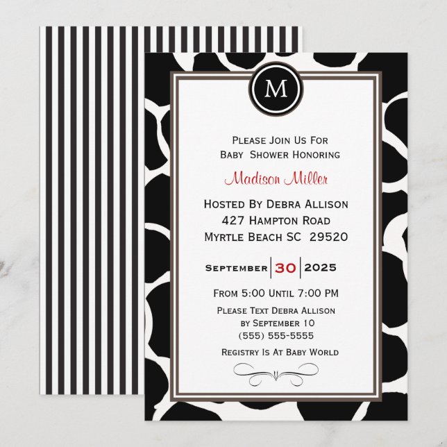 Monogram Cow Pattern and Stripes Baby Shower Invitation (Front/Back)