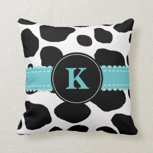 Monogram Cow Print and Teal Accents Pillow