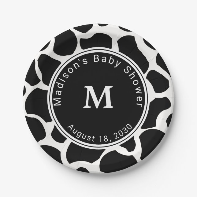 Monogram Cow Print  Baby Shower Paper Plate (Front)