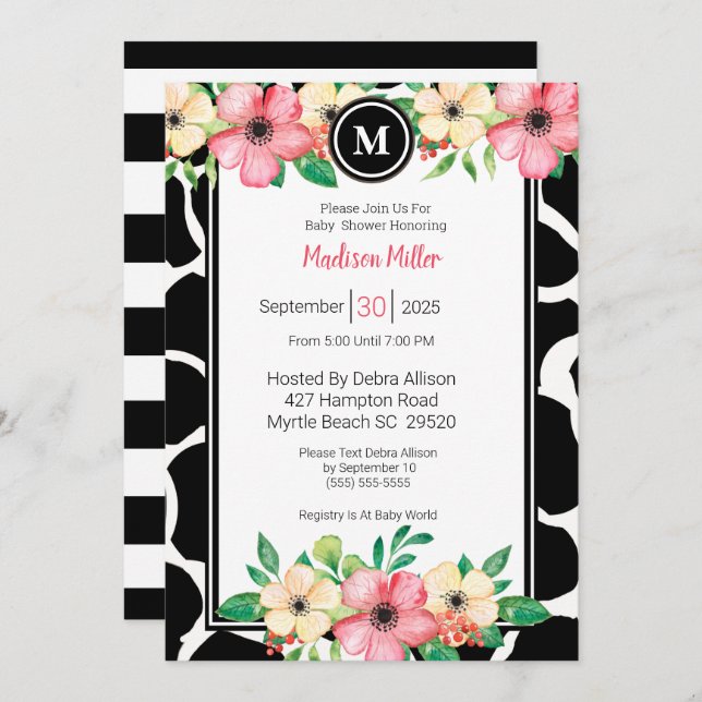  Monogram Cowprint Floral Baby Shower Coral Yellow Invitation (Front/Back)