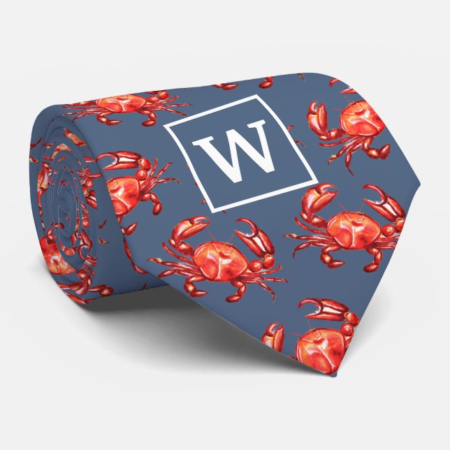 Monogram Crab Pattern Navy Tie (Rolled)
