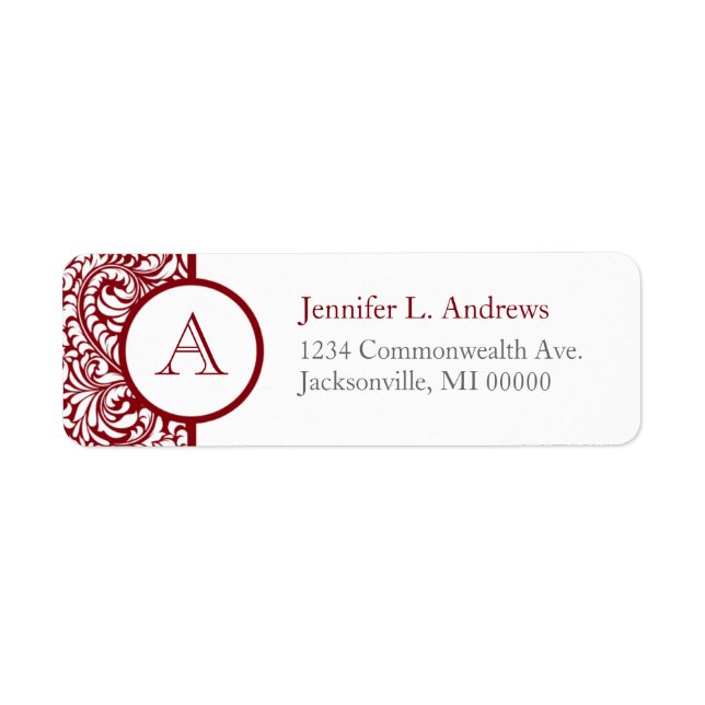 Monogram Cranberry Damask Return Address Labels (Front)