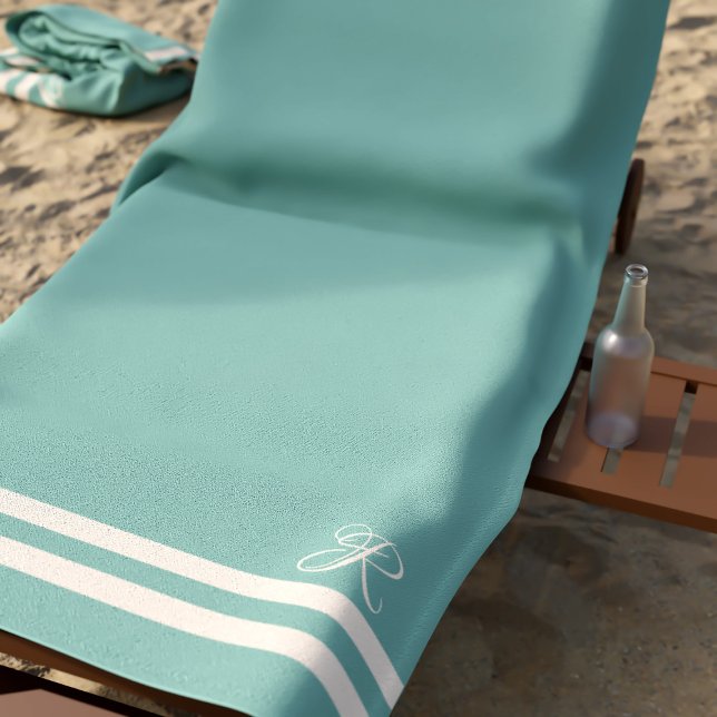 Monogram Cream Stripes Elegant Green Beach Towel (Suitable for all mermaids. Just add your initial)