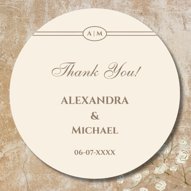 Monogram Cream Taupe Wedding Thank You Classic Round Sticker (Creator Uploaded)