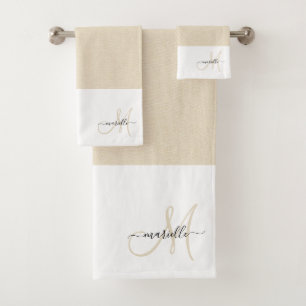 Monogram Cream White Two Tone Bath Towel Set