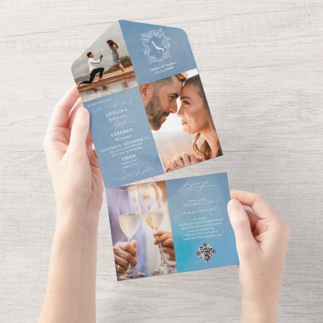Monogram Crest 3 Photo QR Code Dusty Blue Wedding All In One Invitation (Tearaway)