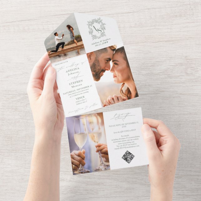 Monogram Crest 3 Photo QR Code Sage Green Wedding All In One Invitation (Tearaway)