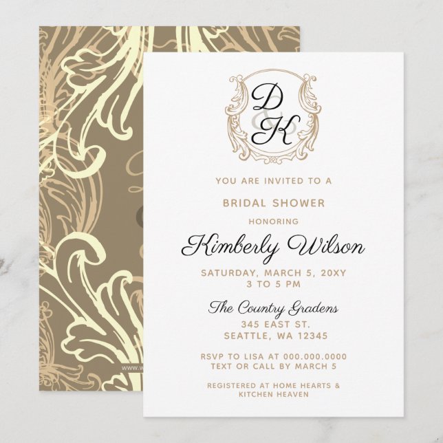 Monogram Crest Black and Gold Bridal Shower Invitation (Front/Back)