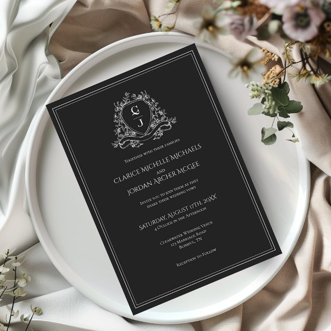 Monogram Crest Black and White Minimalist  Wedding Invitation (Creator Uploaded)
