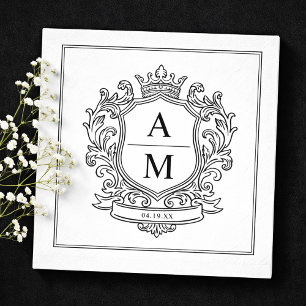 Monogram Crest Black and White Paper Wedding Napkin