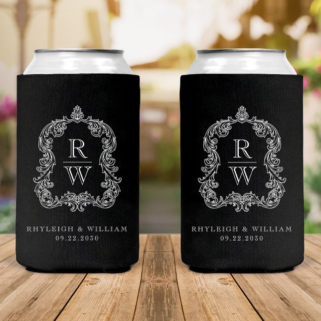 Monogram Crest Black and White Wedding Can Cooler (Creator Uploaded)