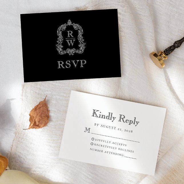 Monogram Crest Black and White Wedding RSVP Card (Creator Uploaded)