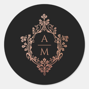 Monogram Crest Black Pink Rose Gold Ornate Wedding Classic Round Sticker