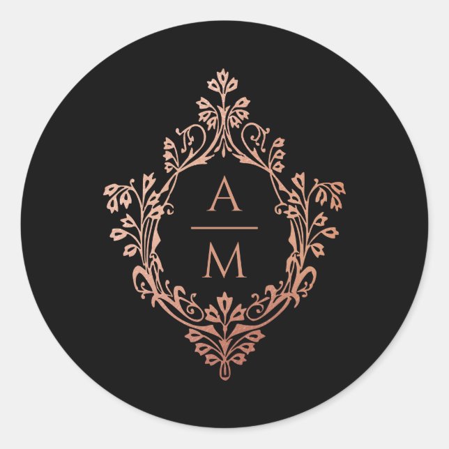Monogram Crest Black Pink Rose Gold Ornate Wedding Classic Round Sticker (Front)