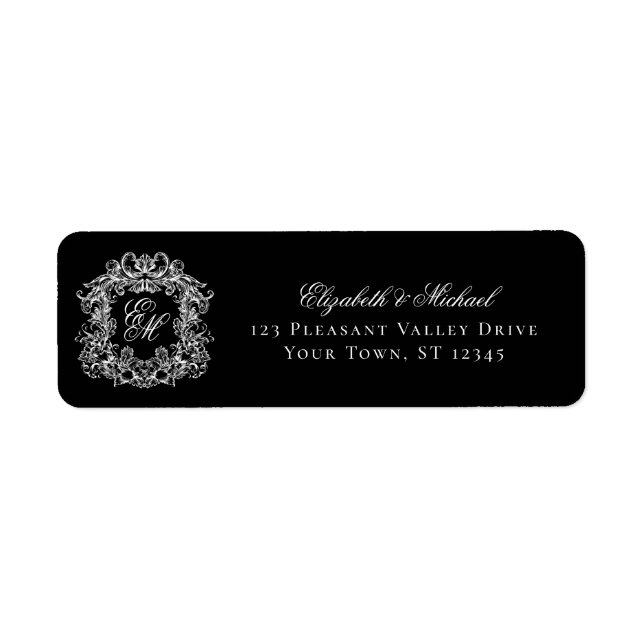 Monogram Crest Black Wedding Return Address (Front)