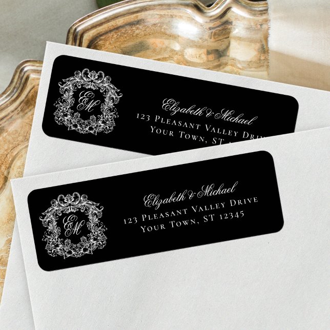 Monogram Crest Black Wedding Return Address (Creator Uploaded)