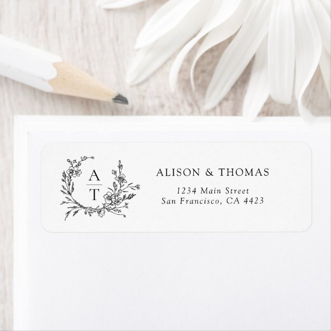 Monogram Crest Black White Return Address Label (Insitu)
