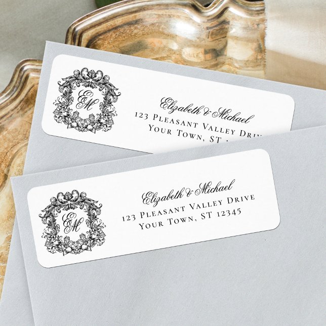 Monogram Crest Black White Wedding Return Address (Creator Uploaded)