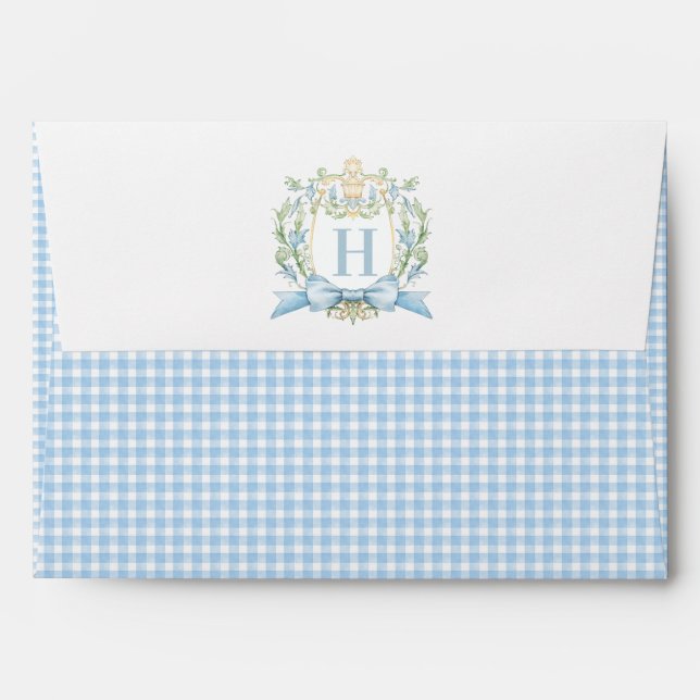 Monogram Crest Blue Gingham  Envelope (Back (Top Flap))