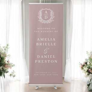 Monogram Crest Botanical Mauve Wedding Welcome Retractable Banner