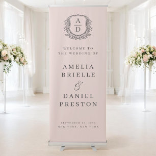 Monogram Crest Botanical Pink Wedding Welcome Retractable Banner