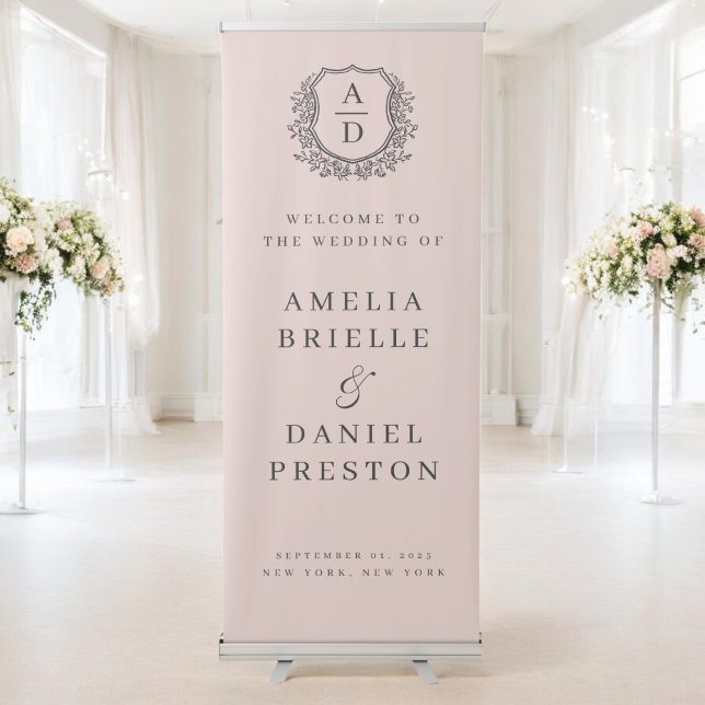 Monogram Crest Botanical Pink Wedding Welcome Retractable Banner (Creator Uploaded)