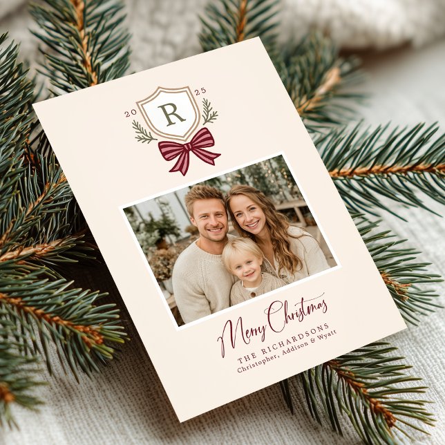 Monogram Crest Bow Photo Christmas Card (Creator Uploaded)