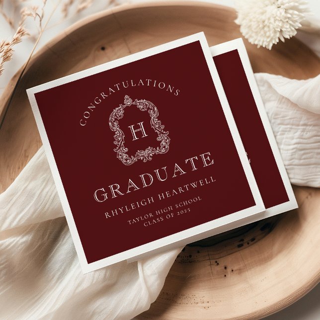 Monogram Crest Burgundy White Graduation Party Napkin (Creator Uploaded)