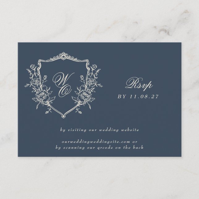 Monogram Crest Classic QR CODE Wedding Website RSVP Card (Front)