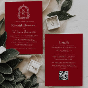Monogram Crest Cranberry Red QR Code Wedding Invitation