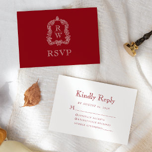 Monogram Crest Cranberry Red Wedding RSVP Card
