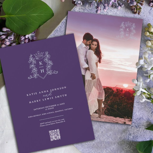 Monogram crest crown purple silver wedding QR code Invitation (Creator Uploaded)