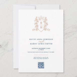 Monogram crest crown white rose gold QR wedding Invitation