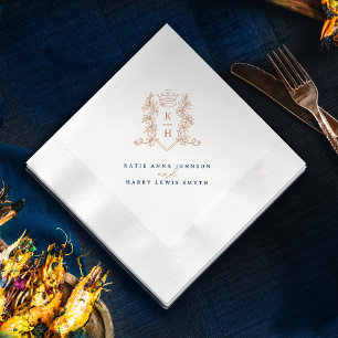 Monogram crest crown white rose gold wedding  napkin