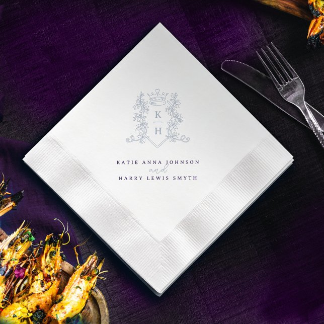 Monogram crest crown white silver purple wedding  napkin (Creator Uploaded)
