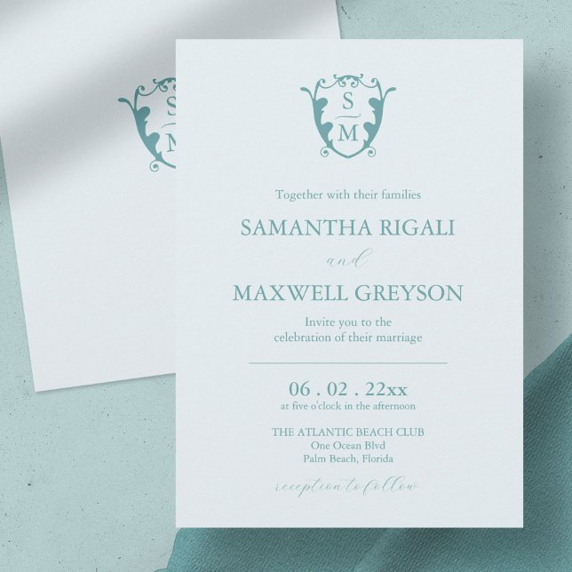 Monogram Crest Customisable Pale Blue Wedding Invitation ( wedding invitation blue minimalistic custom monogram crest Victoria Grigaliunas)