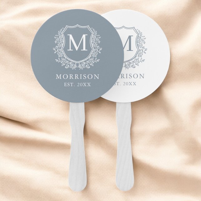 Monogram Crest Dusty Blue Botanical Wedding  Hand Fan (Creator Uploaded)