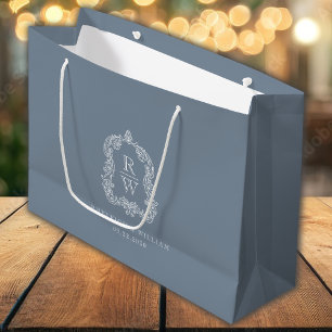 Monogram Crest Dusty Blue Wedding Large Gift Bag