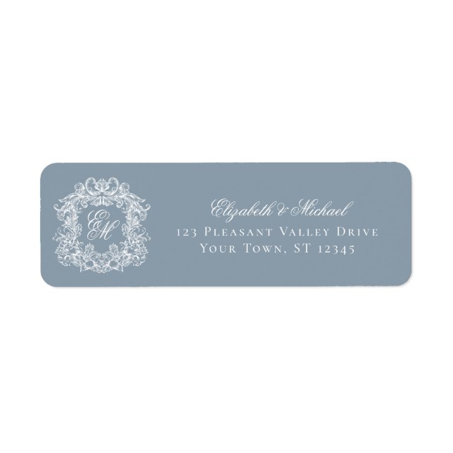 Monogram Crest Dusty Blue Wedding Return Address (Front)