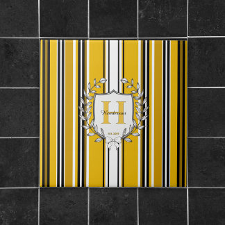 Monogram Crest Elegant Yellow Stripe Family Name Tile