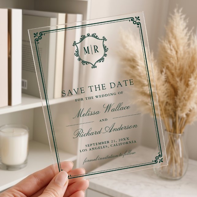 Monogram Crest Emerald Green Wedding Save the Date Acrylic Invitations (Creator Uploaded)