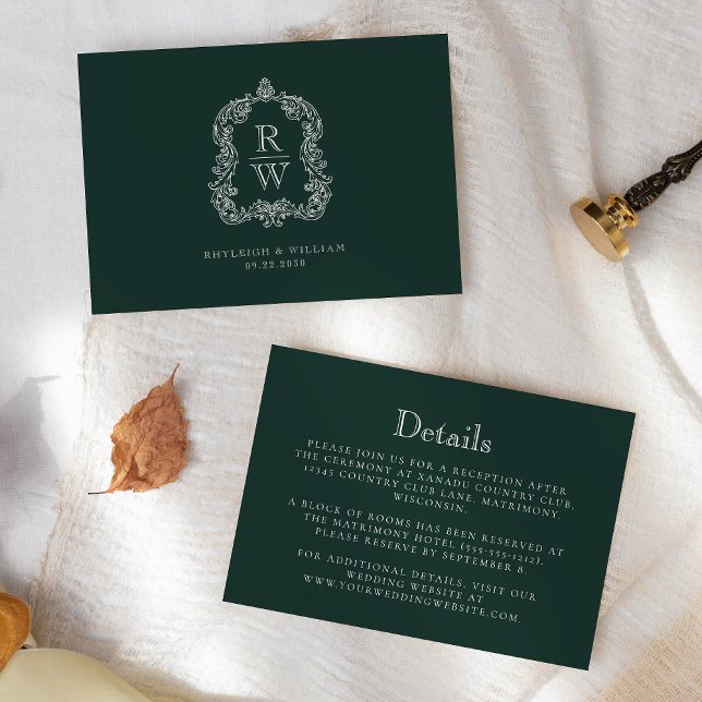 Monogram Crest Forest Green Wedding Details Enclosure Card (Creator Uploaded)
