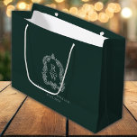 Monogram Crest Forest Green Wedding Large Gift Bag<br><div class="desc">This elegant modern wedding gift bag features classic white text on a forest green background. A white vintage foliage wreath crest surrounds the couple's monogram initials,  with their names and wedding date below.</div>
