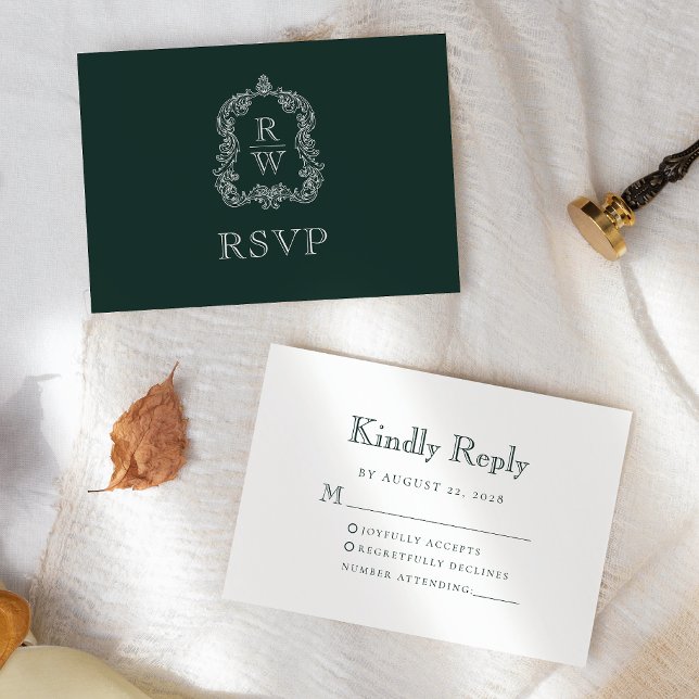 Monogram Crest Forest Green Wedding RSVP Card (Creator Uploaded)
