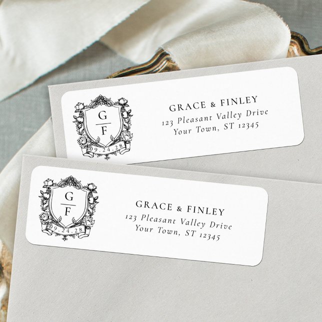 Monogram Crest French Roses Wedding Return Address (Creator Uploaded)