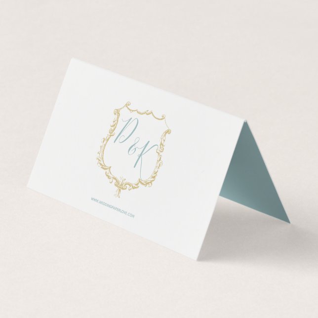 Monogram Crest Gold  blue Wedding Place Cards (Back)
