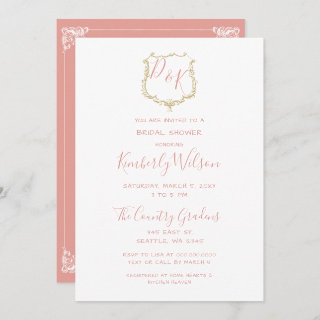 Monogram Crest Gold Blush Bridal Shower Invitation (Front/Back)
