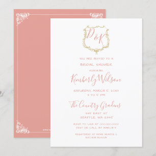 Monogram Crest Gold Blush Bridal Shower Invitation